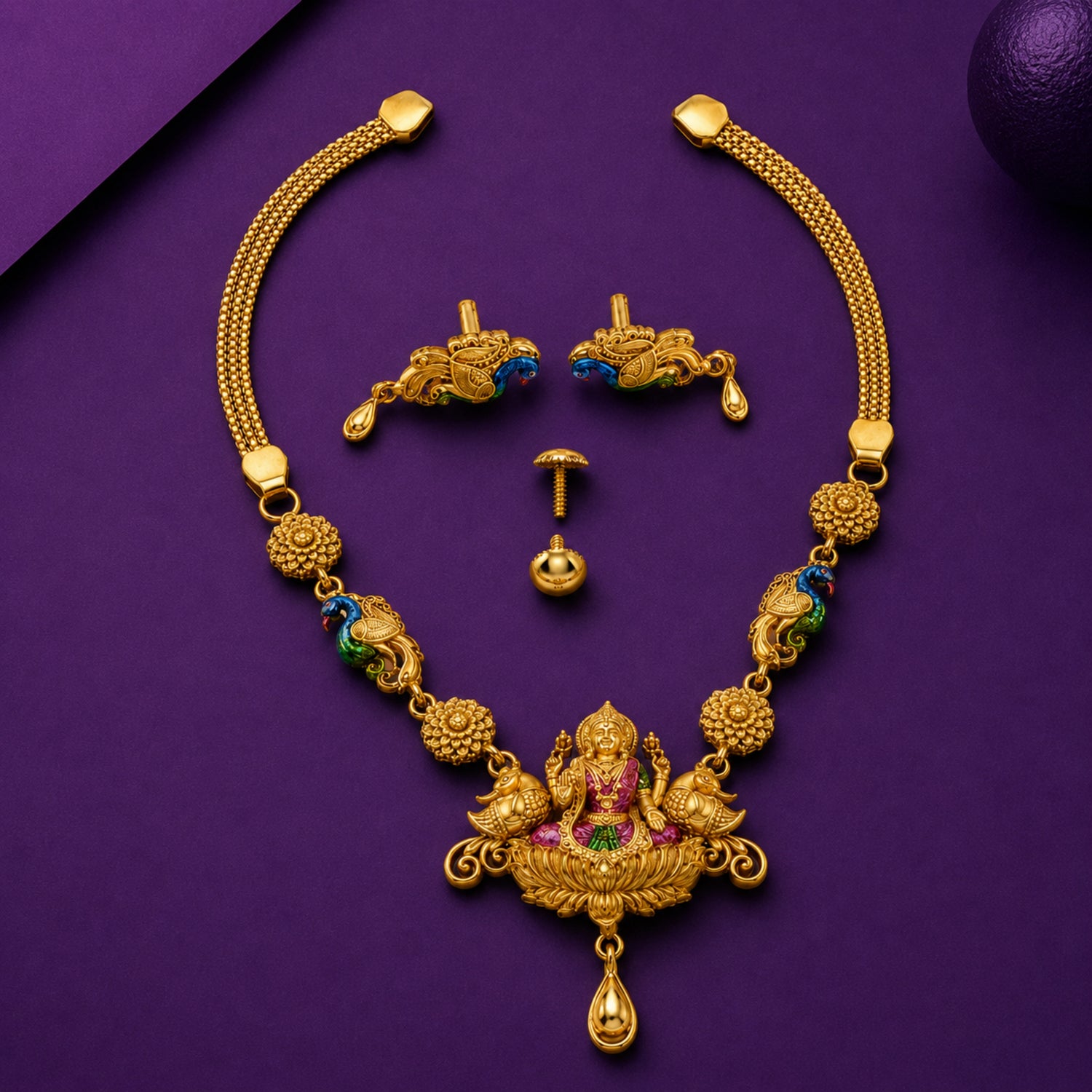 The Kamakshi Peacock Nakshi 925 Silver Gold Plated Necklace Set