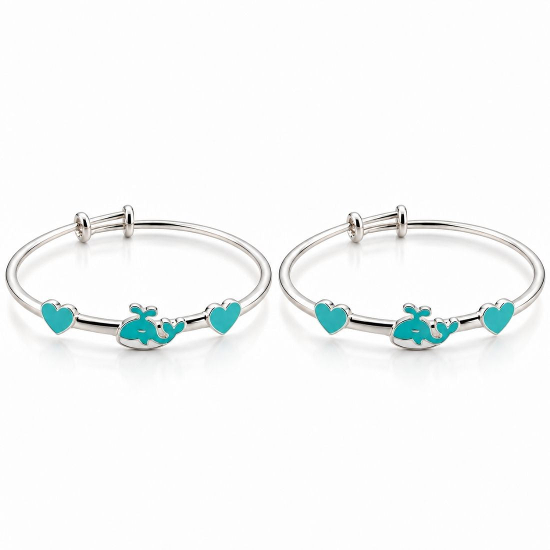 Ocean Breeze Whale & Twin Hearts 925 Sterling Silver Adjustable Kids Kada Set