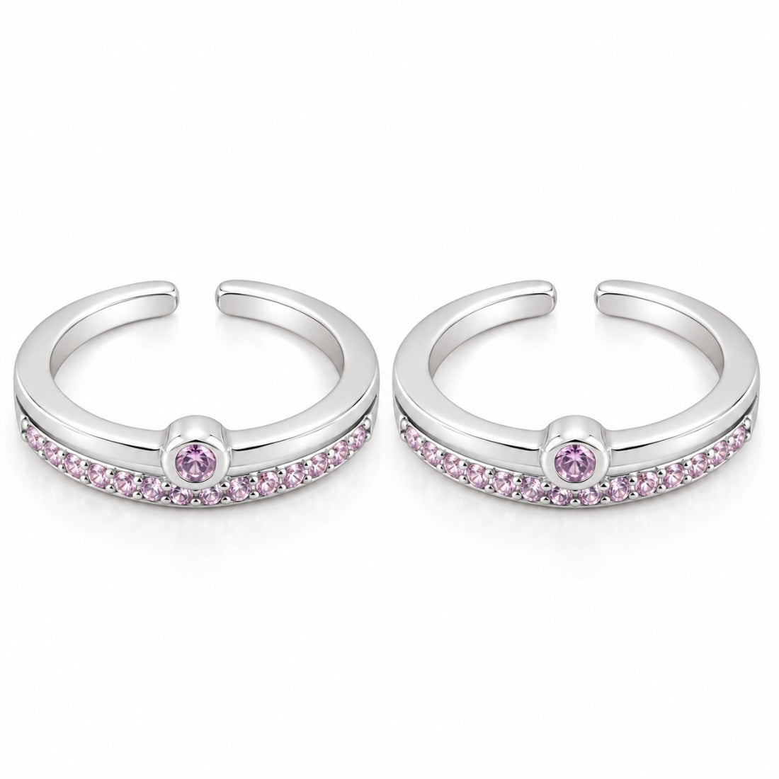 Silver Dual-Layer Pink Solitaire Pavé Silver Toe Rings