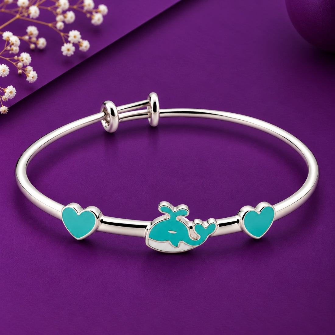 Ocean Breeze Whale & Twin Hearts 925 Sterling Silver Adjustable Kids Kada Set