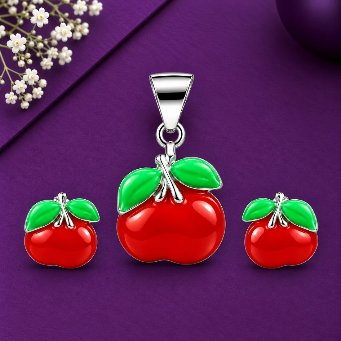 Sweet Apple 925 Sterling Silver Enamel Pendant & Stud Earring Set for Kids
