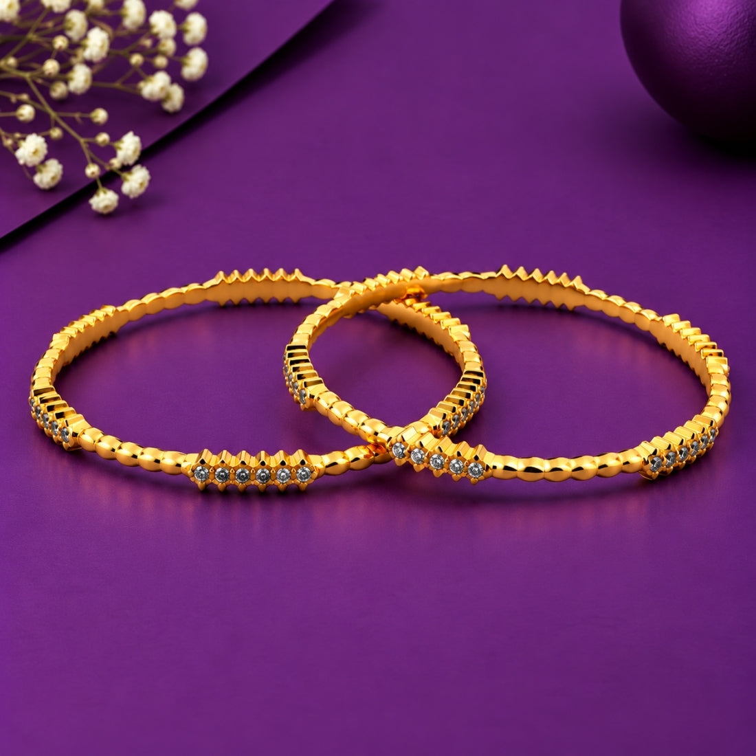The Imperial Beaded Ribbon Diamond-Block Bangles (Set of 2 in 925 Sterling Silver with Premium 24K Gold Polish)