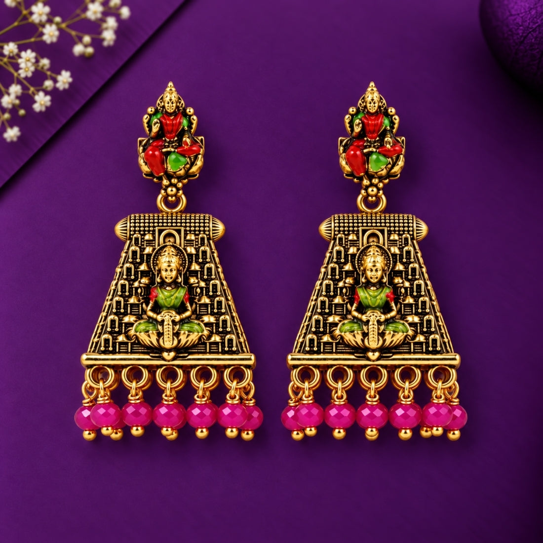 The Devi Lakshmi Gopuram Fuchsia Jhumkas