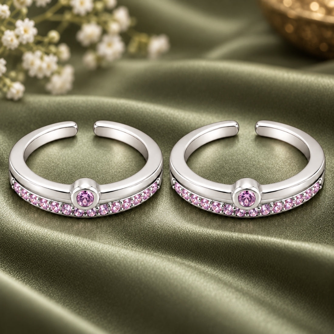 Silver Dual-Layer Pink Solitaire Pavé Silver Toe Rings