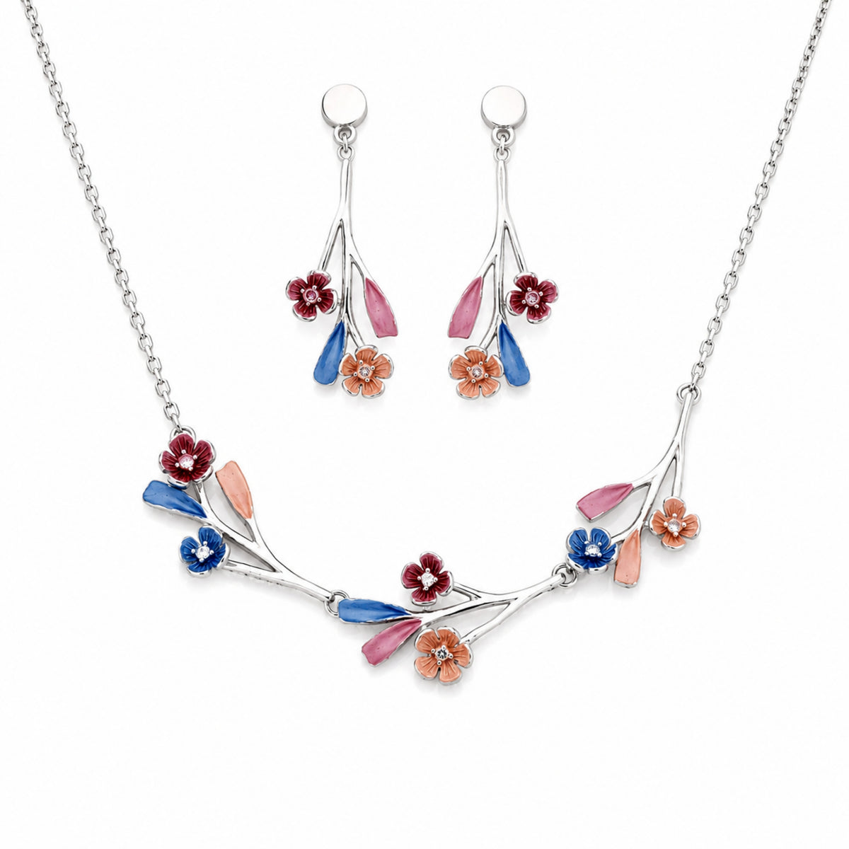The Enchanted Willow Floral Branch 925 Silver Necklace Set