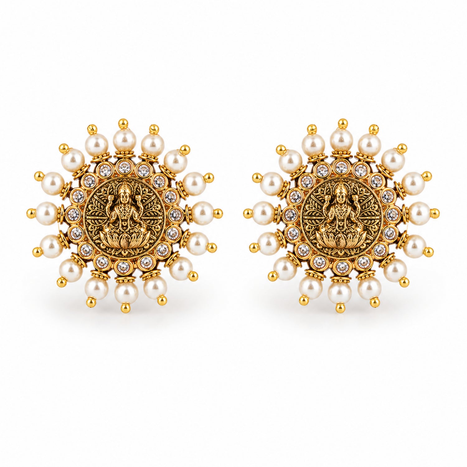 The Lakshmi Pearl Mandala Studs – 925 Sterling Silver (Antique Gold Finish)