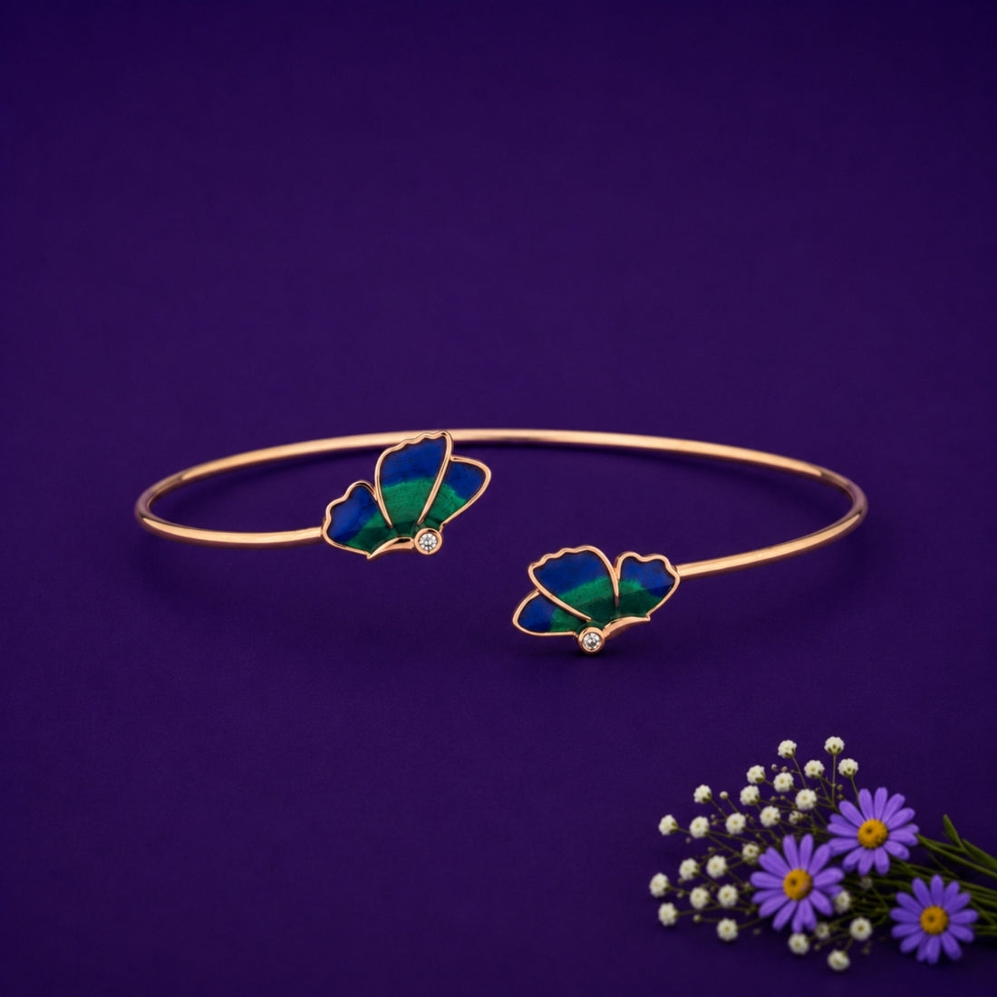 925 Rose Gold Plated Silver Dual Peacock Enamel Wing Kada