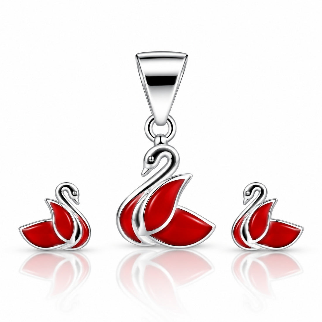 Graceful Swan 925 Sterling Silver Red Enamel Pendant & Stud Earring Set for Kids