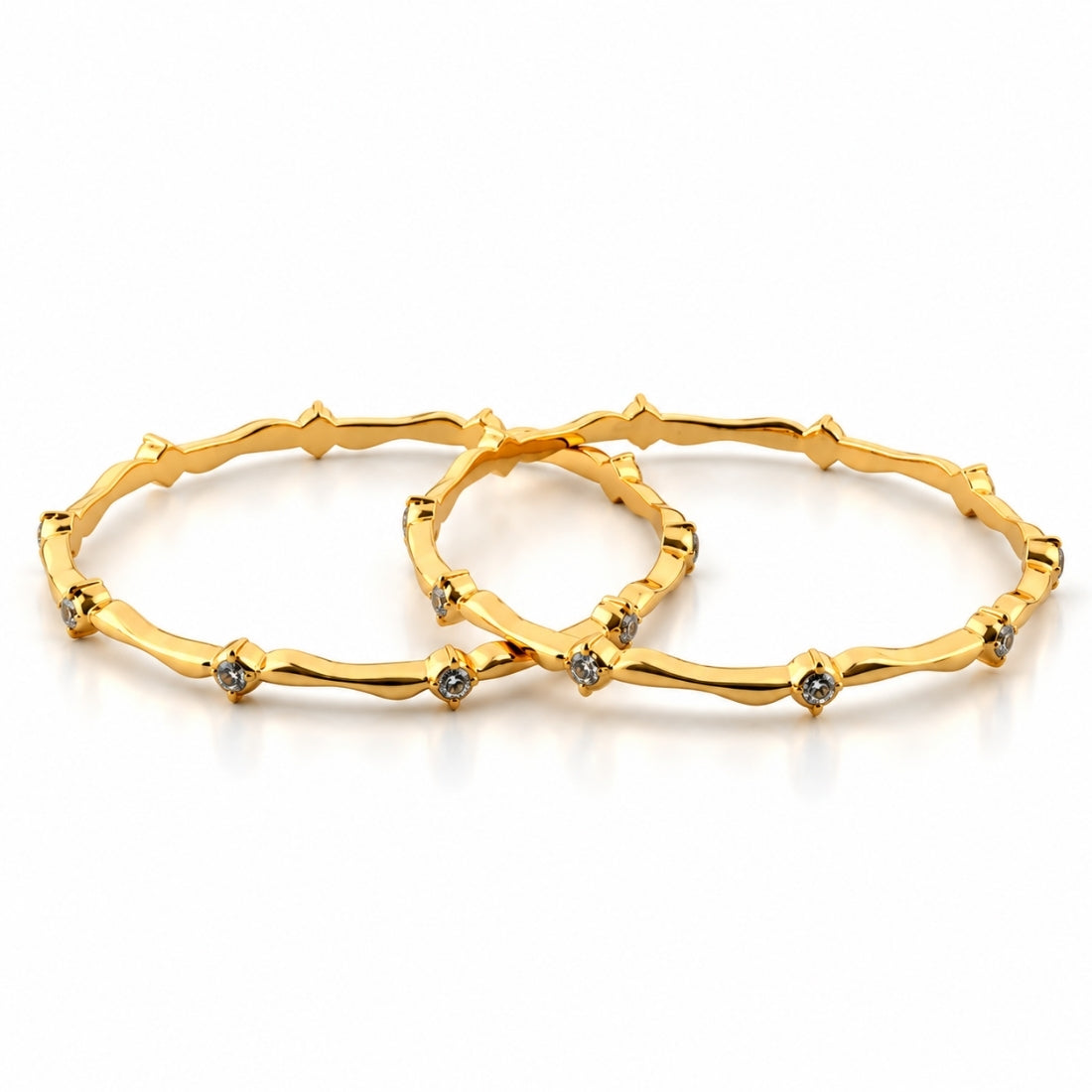 The Regal Solitaire Bamboo Wave Bangles (Set of 2 in 925 Sterling Silver with Premium 24K Gold Polish)