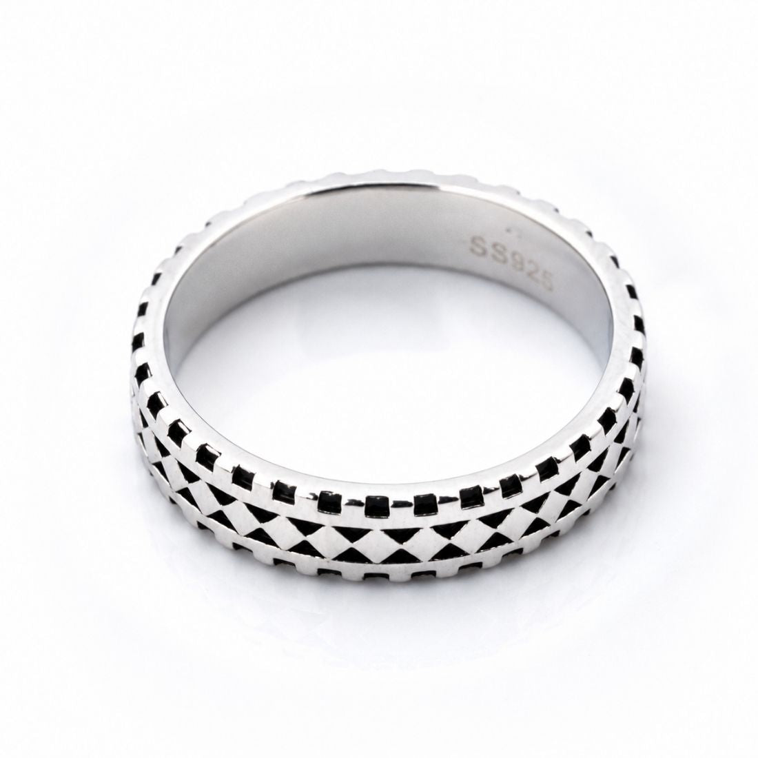 925 Silver Retro Diamond Grid Statement Band