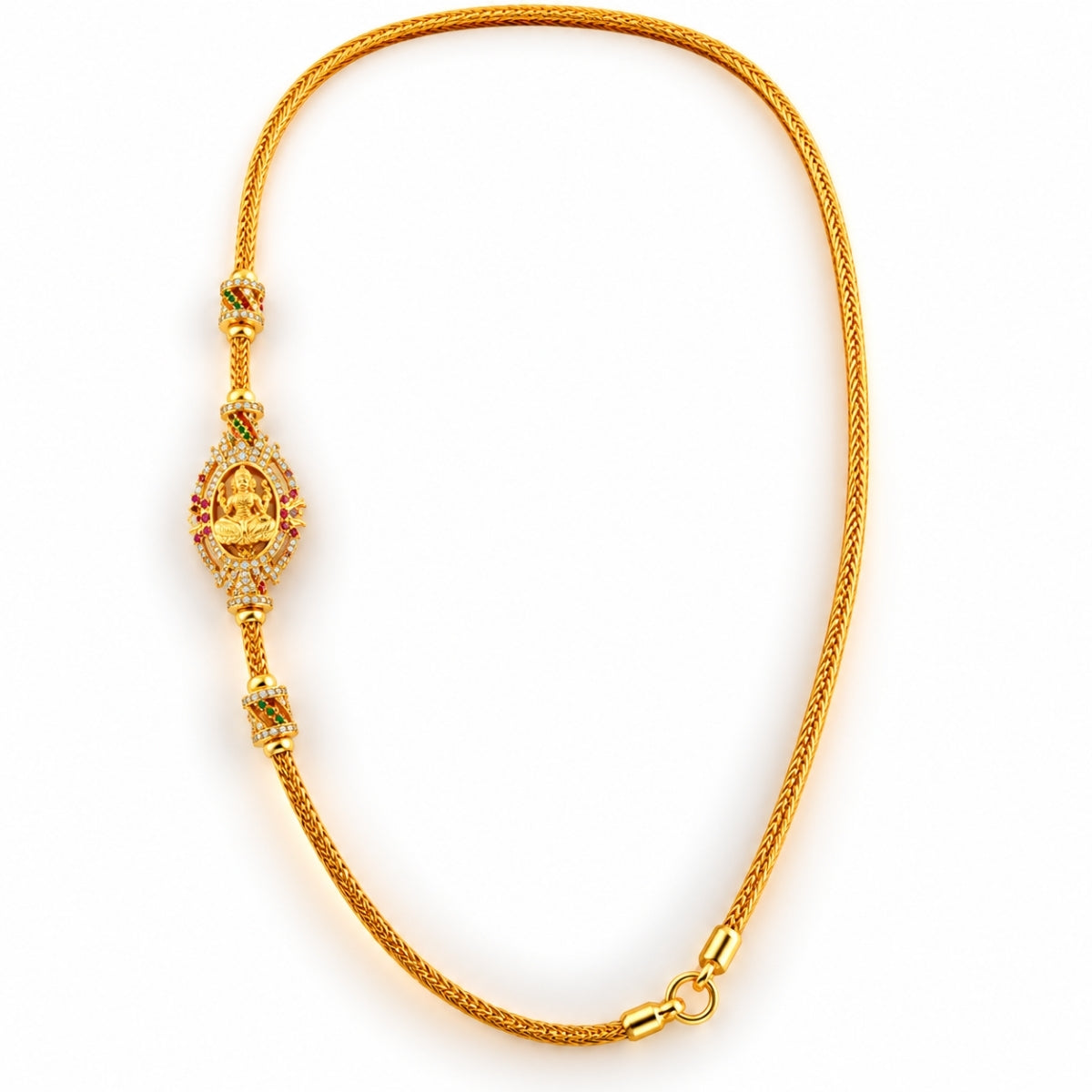 Goddess Lakshmi Ruby Bordered 925 Sterling Silver Gold Plated Thali Chain