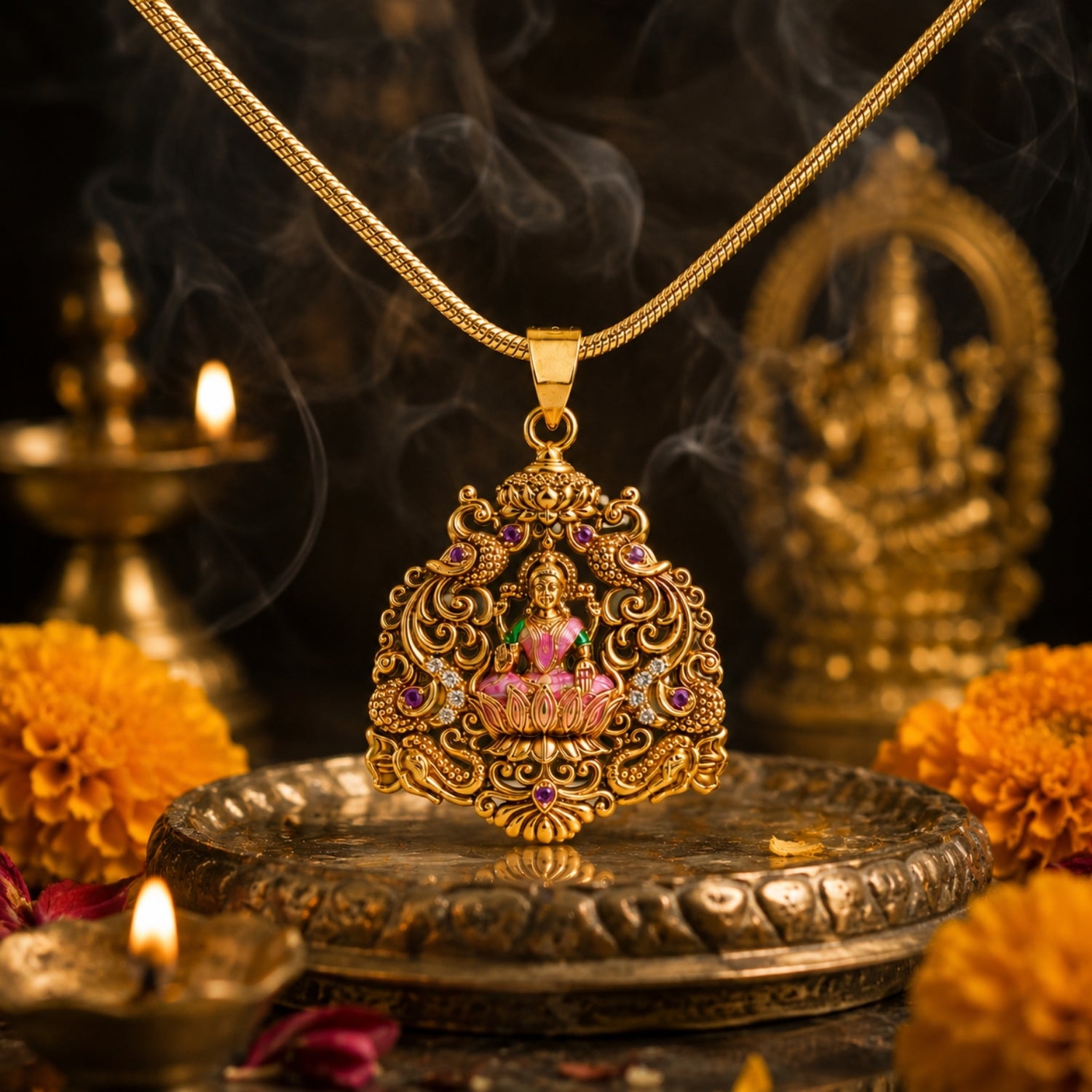 92.5 Pure Silver Gold Plated Goddess Lakshmi Temple Pendant