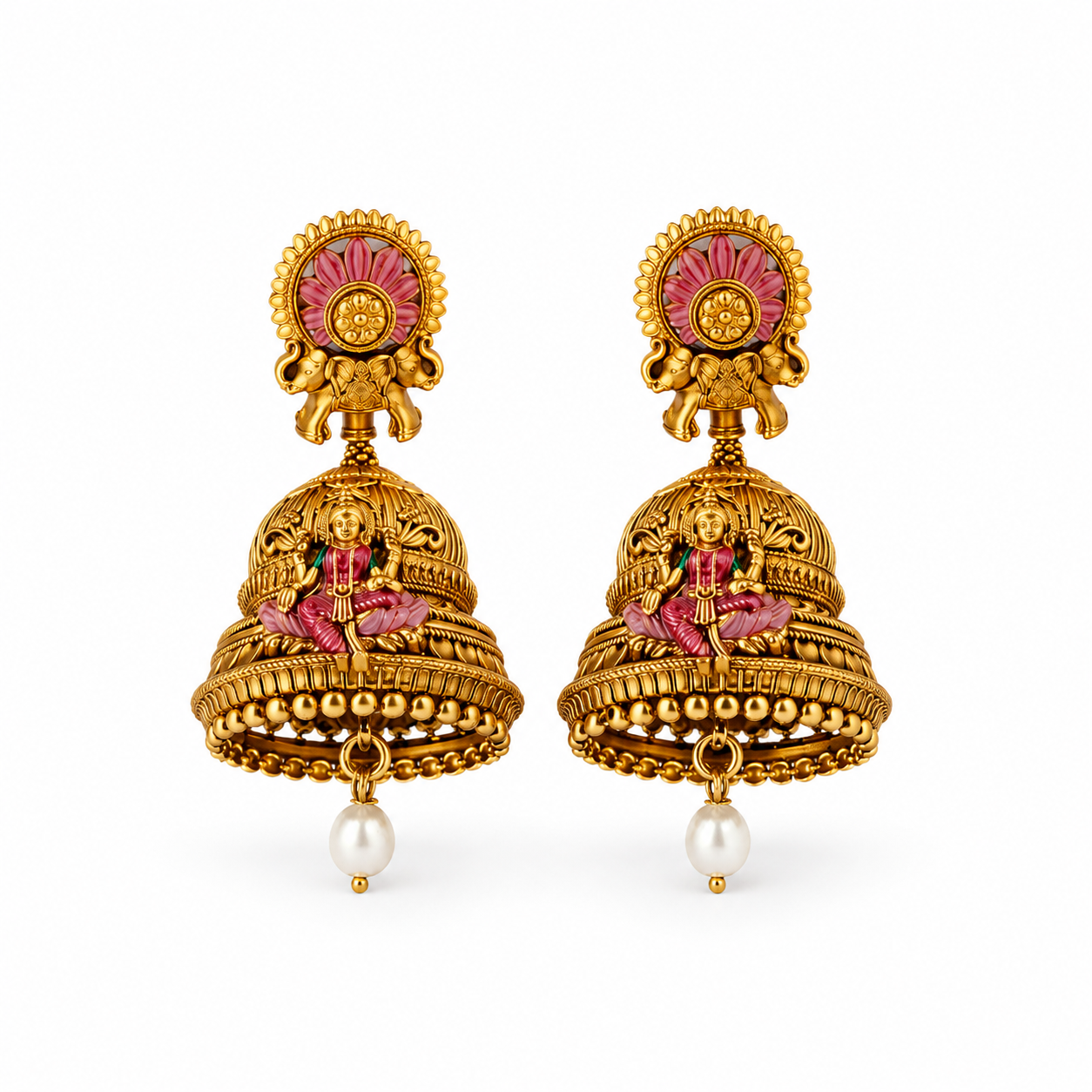Divine Royal Elephant & Lakshmi Gold-Plated 925 Silver Jhumkas
