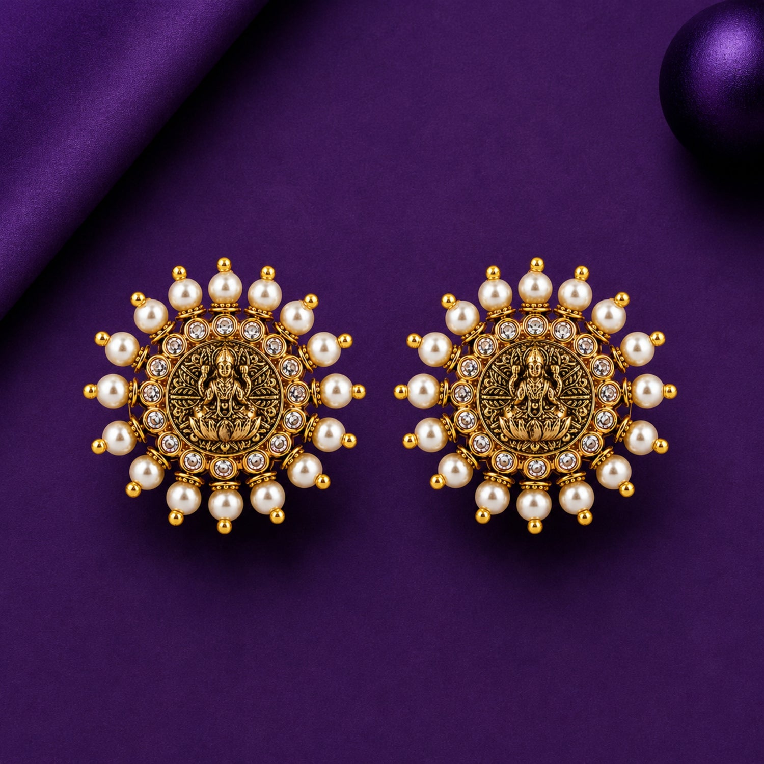 The Lakshmi Pearl Mandala Studs – 925 Sterling Silver (Antique Gold Finish)