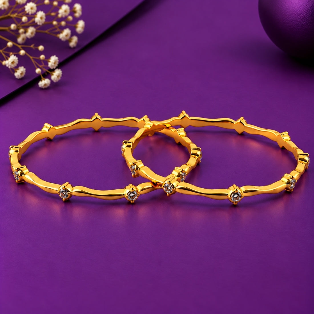 The Regal Solitaire Bamboo Wave Bangles (Set of 2 in 925 Sterling Silver with Premium 24K Gold Polish)