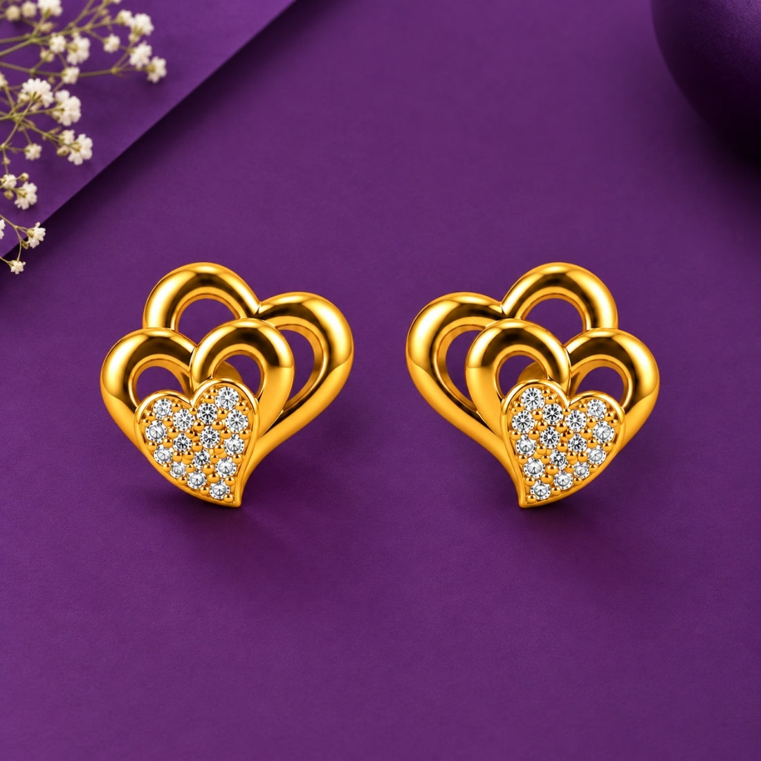 Aura of Love 925 Sterling Silver Gold-Plated Crystal Triple Heart Stud Earrings