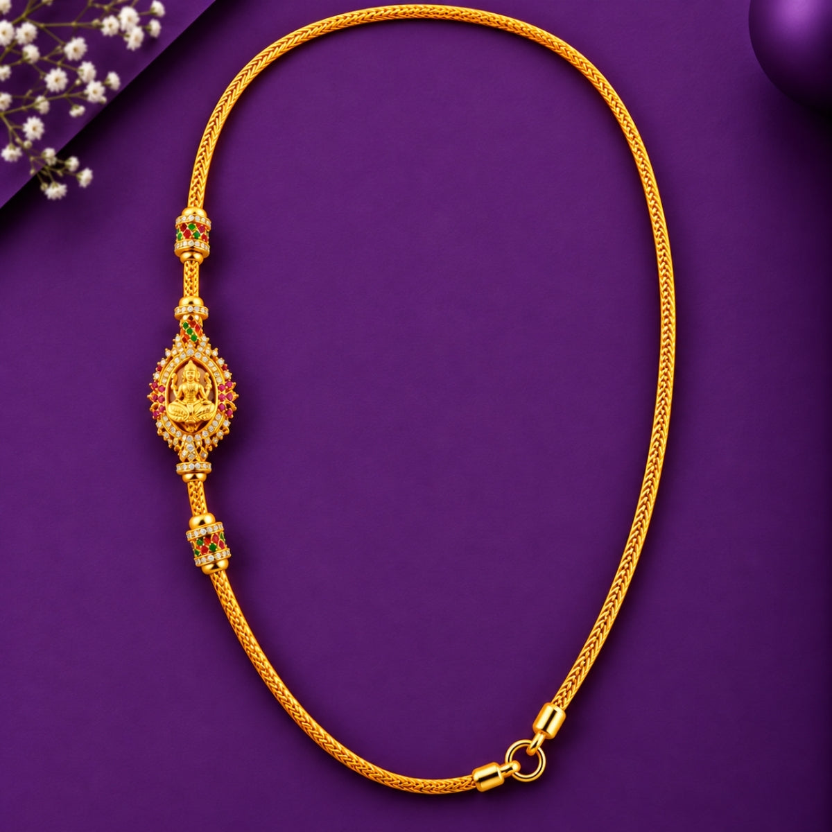 Goddess Lakshmi Ruby Bordered 925 Sterling Silver Gold Plated Thali Chain