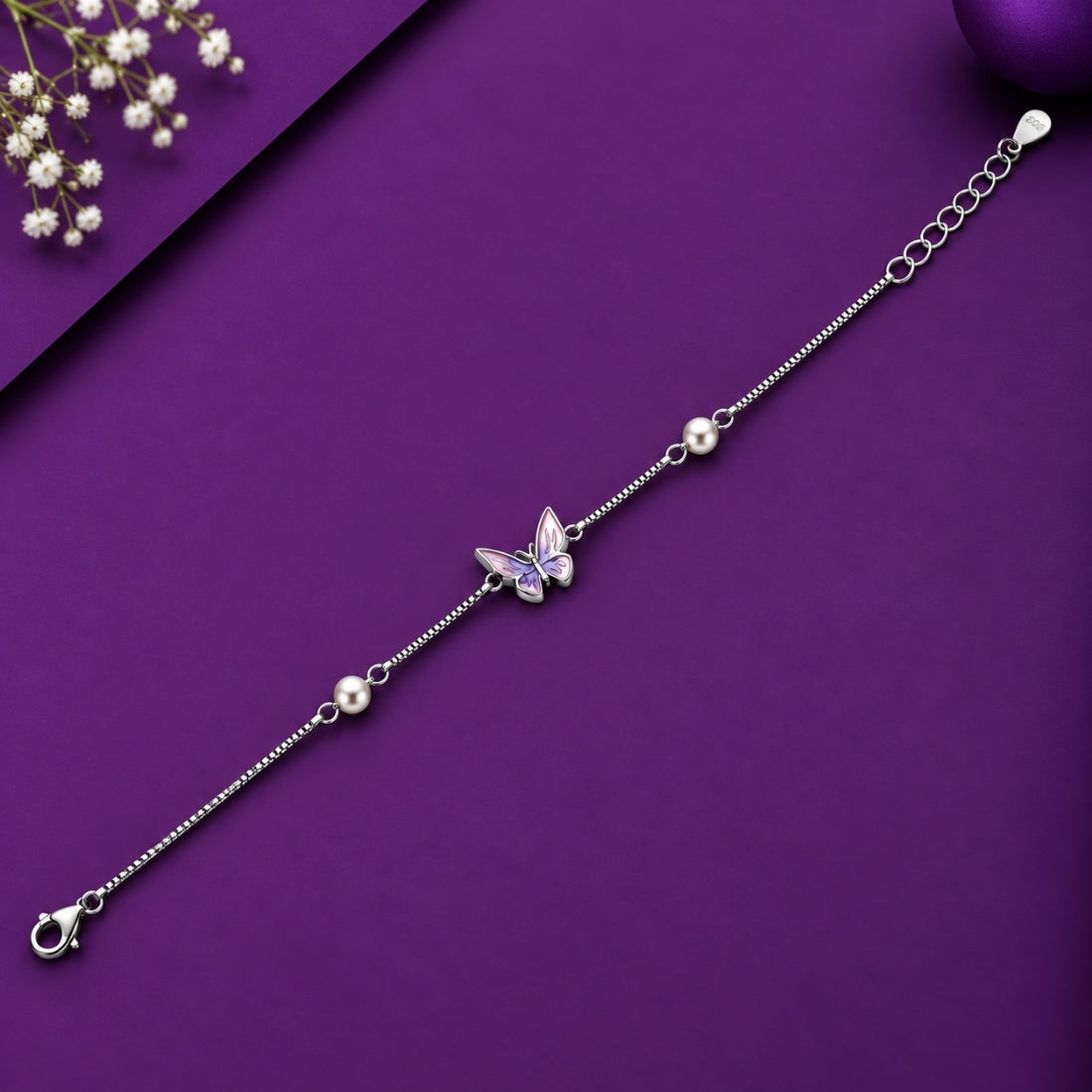 The Lavender Monarch – 925 Silver Purple Enamel Butterfly Bracelet