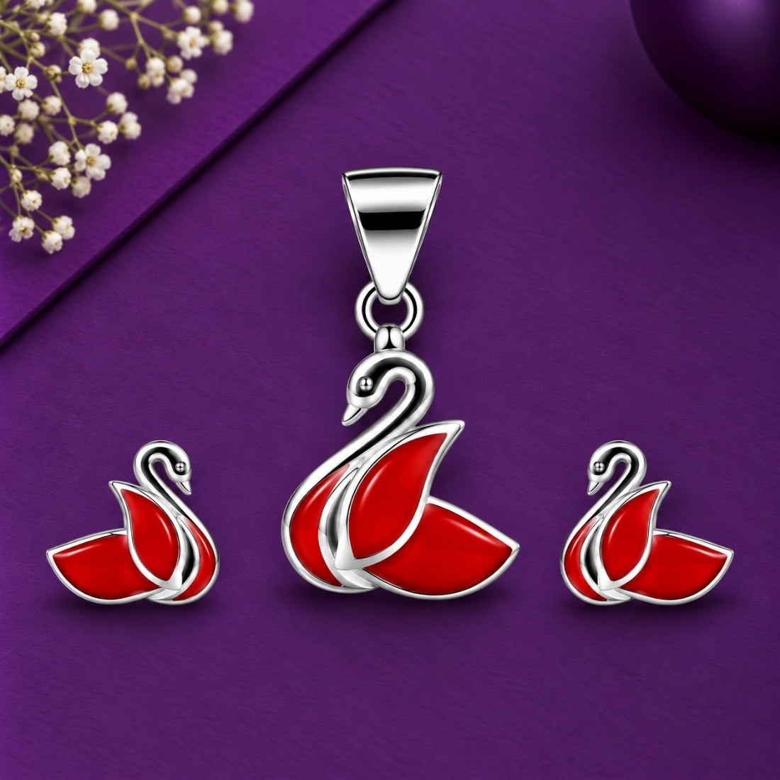 Graceful Swan 925 Sterling Silver Red Enamel Pendant & Stud Earring Set for Kids