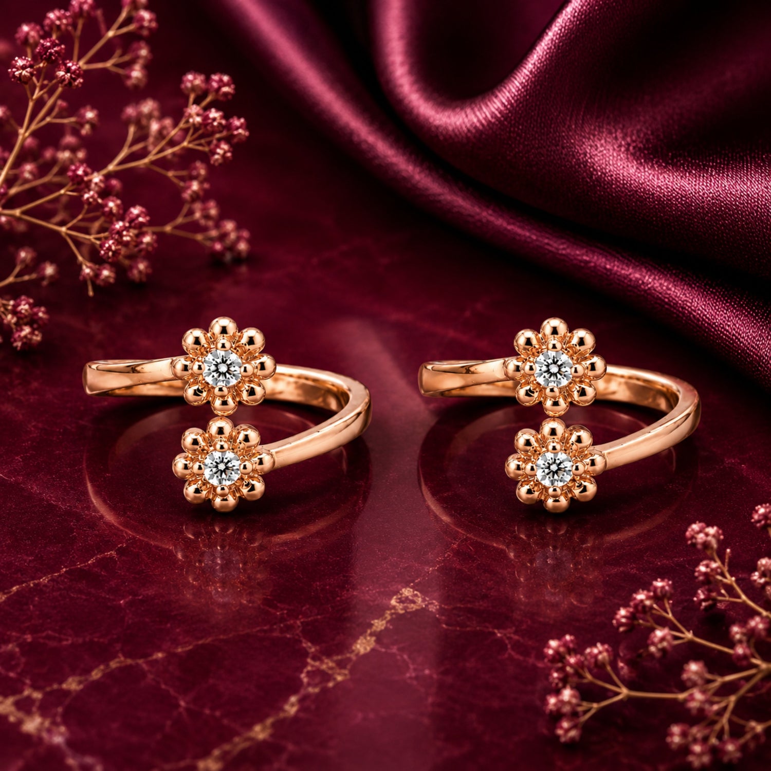 Blossoming Twin Flora Bypass Rose Gold Adjustable Toe Rings