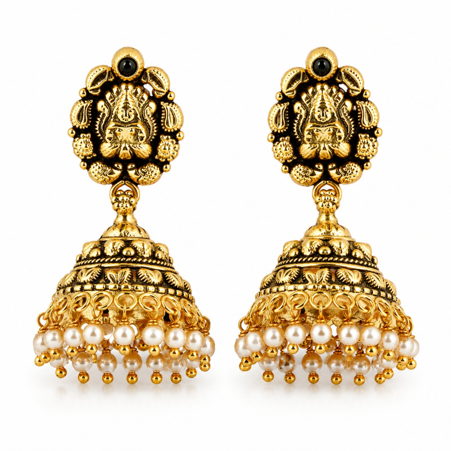 The Ganesha Pearl Symphony Jhumka – 925 Sterling Silver (Antique Gold Finish)