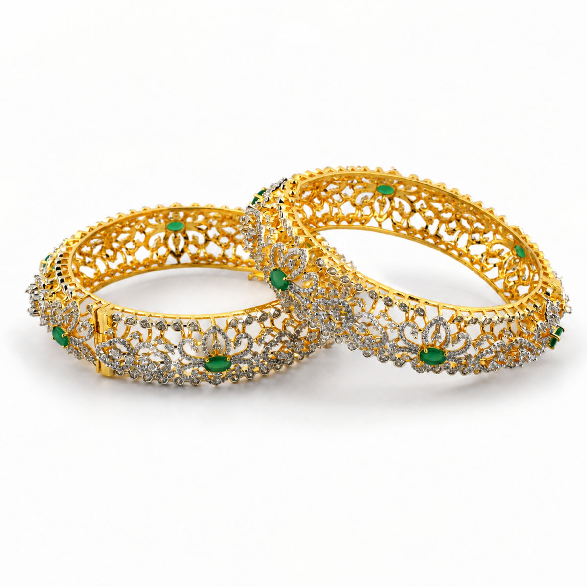 The Mayura Kundan 925 Silver Gold Plated Bangles (pair)