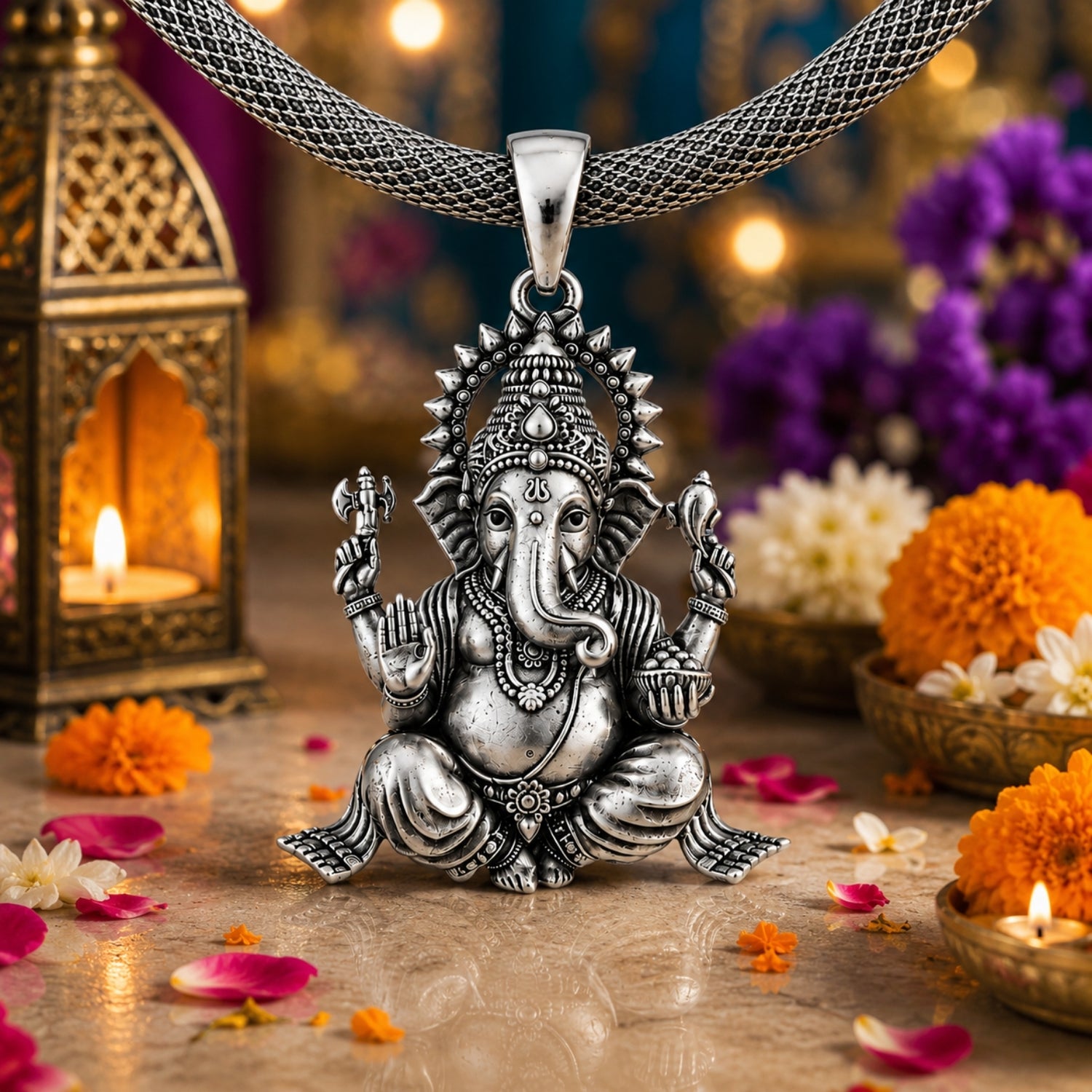 The 925 Sterling Silver Vinayaka Antique Halo Pendant
