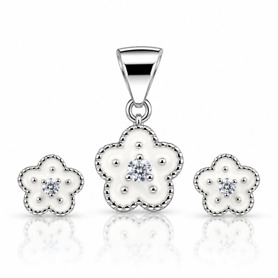 Dainty Daisy 925 Sterling Silver White Enamel Pendant & Stud Earring Set for Kids