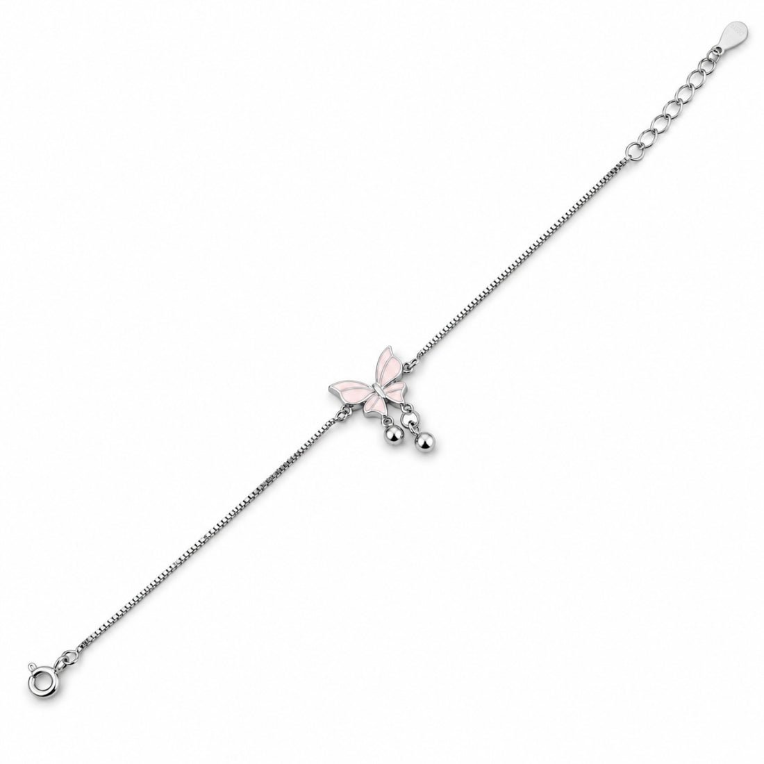 The Blossom Flutter – 925 Silver Pink Butterfly Dangle Bracelet