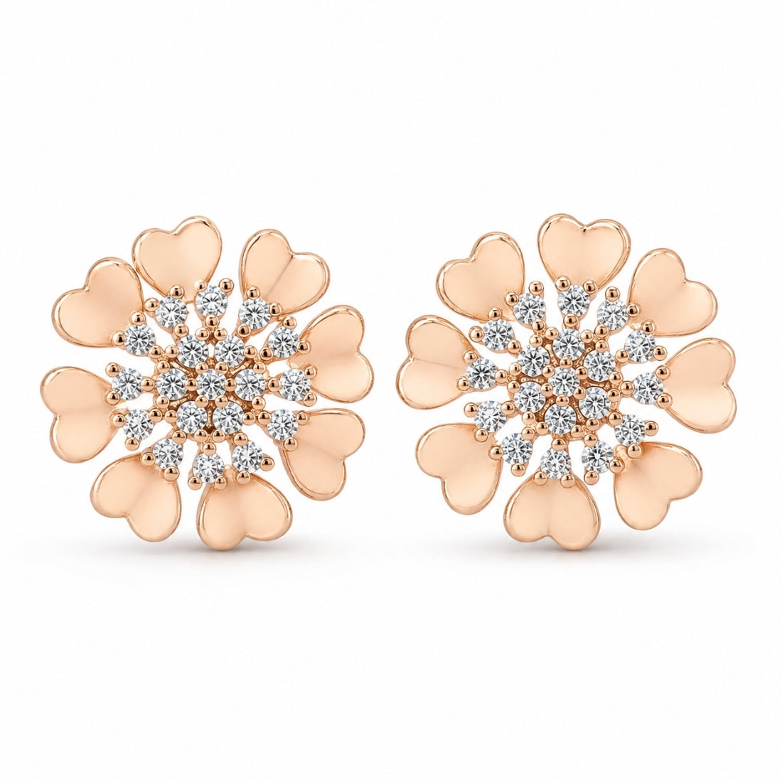 Rose Gold Pastel Peach Heart Bloom Stud Earrings