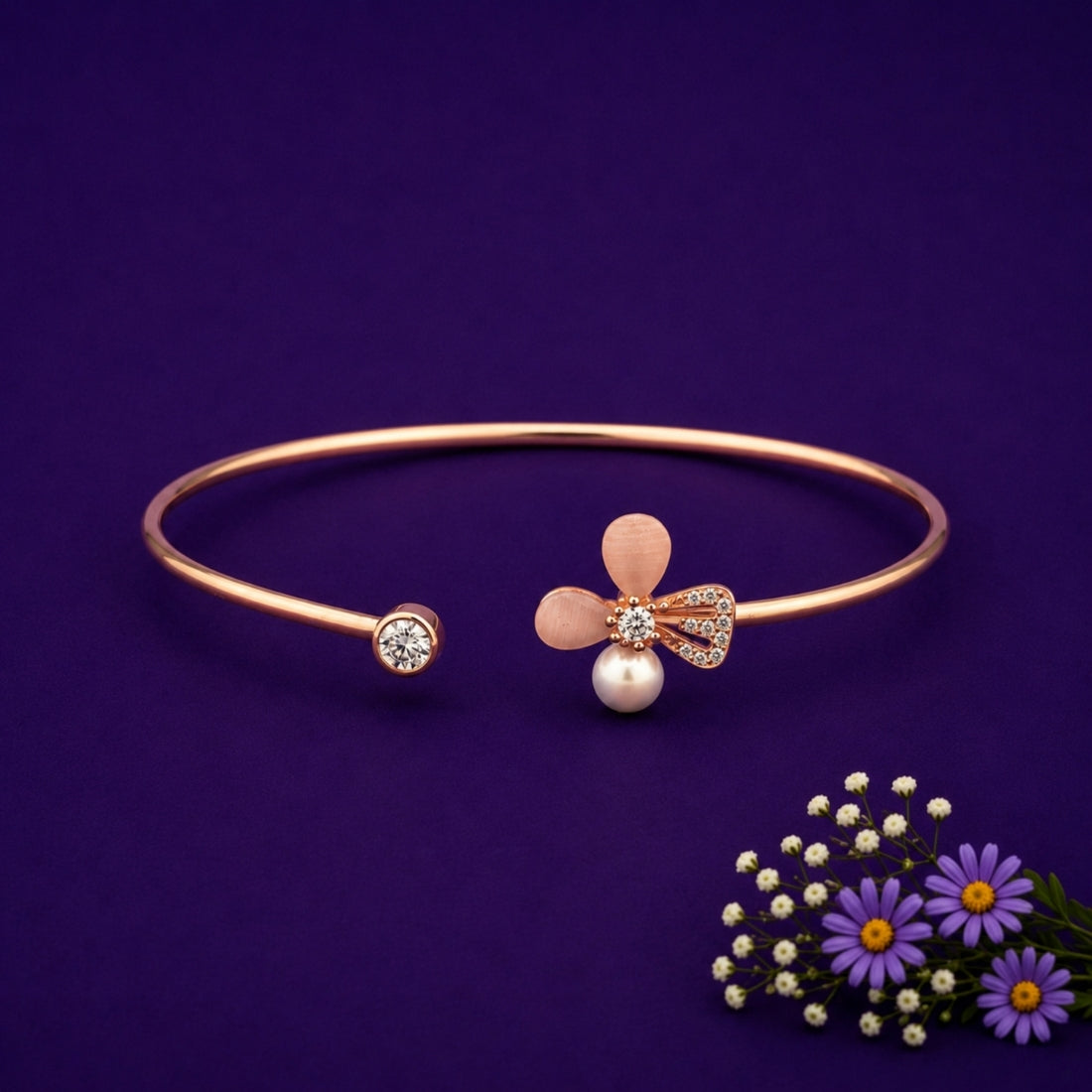 925 Rose Gold Plated Silver Pearl & Peach Blossom Kada