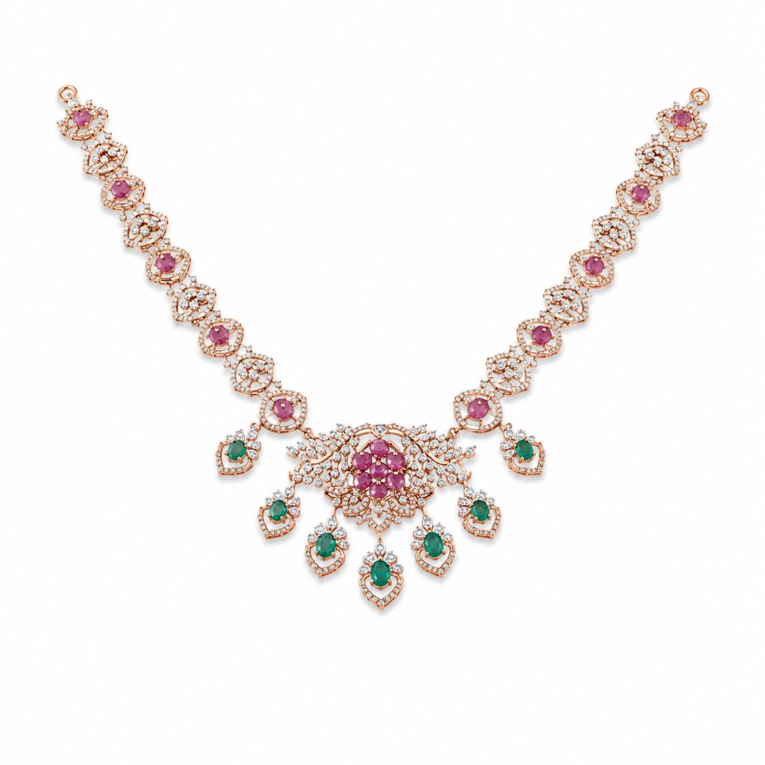 The "Rajkumari Empress" Diamond-Finish 925 Silver Navratna-Style Haar