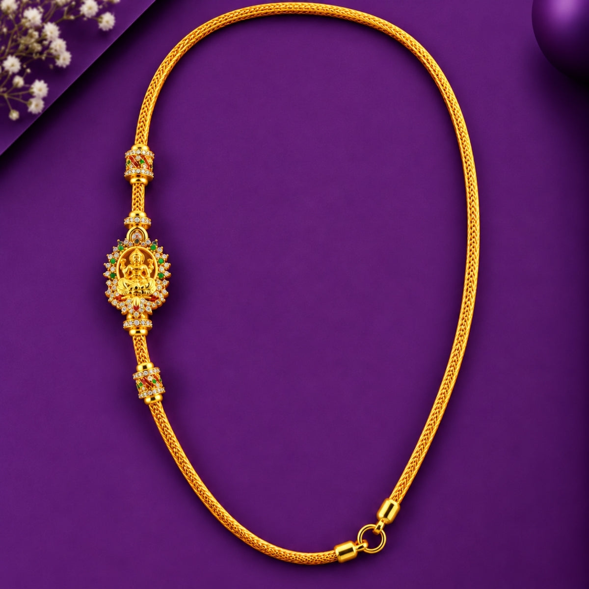 Goddess Lakshmi Navaratna-Inspired 925 Sterling Silver Gold Plated Thali Chain
