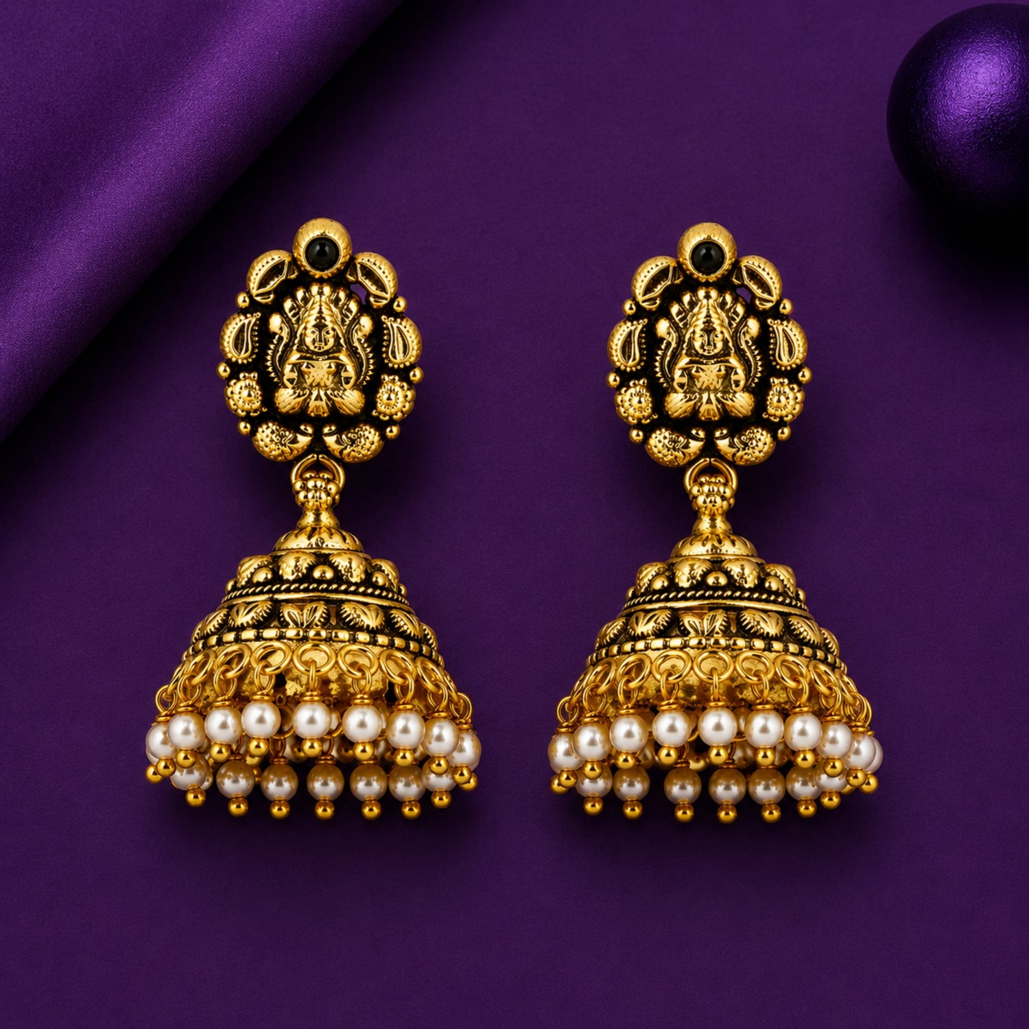 The Ganesha Pearl Symphony Jhumka – 925 Sterling Silver (Antique Gold Finish)