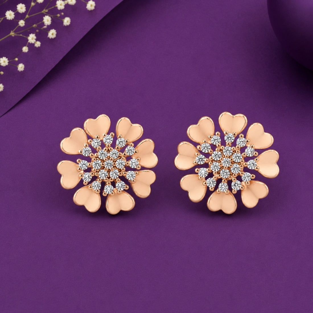 Rose Gold Pastel Peach Heart Bloom Stud Earrings