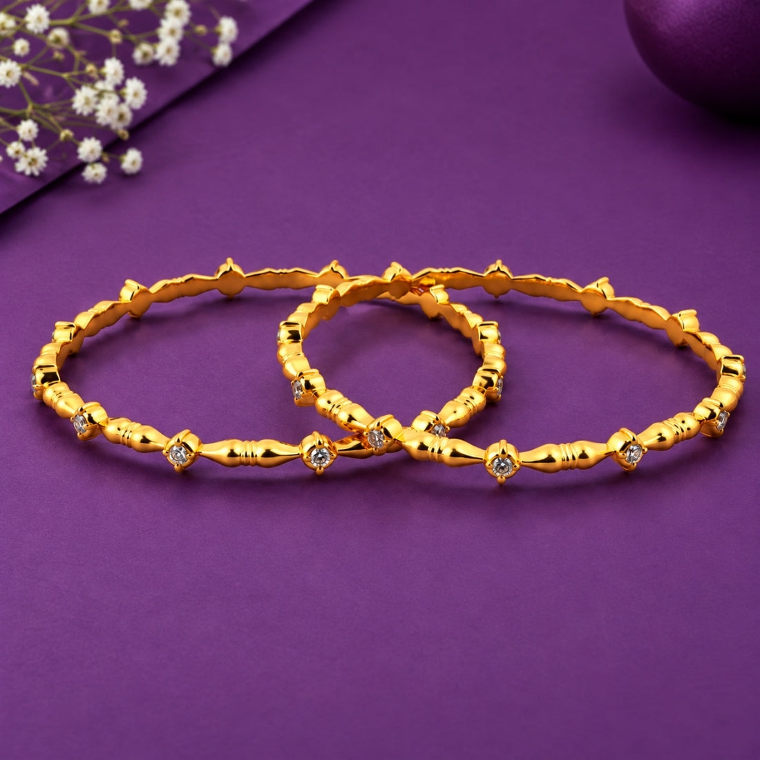 The Regal Bar & Crest Solitaire Bangles (Set of 2 in 925 Sterling Silver with Premium 24K Gold Polish)