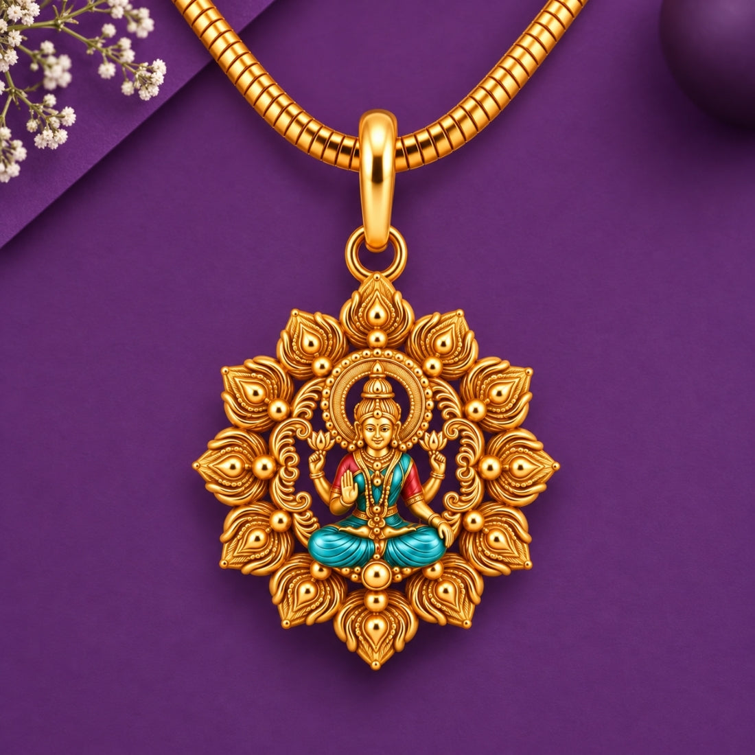 The Lakshmi Kamal-Mala 925 Silver Gold Plated Medallion Pendant