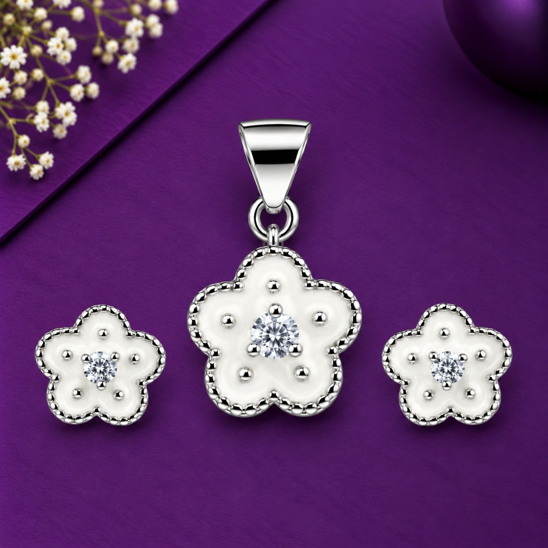 Dainty Daisy 925 Sterling Silver White Enamel Pendant & Stud Earring Set for Kids