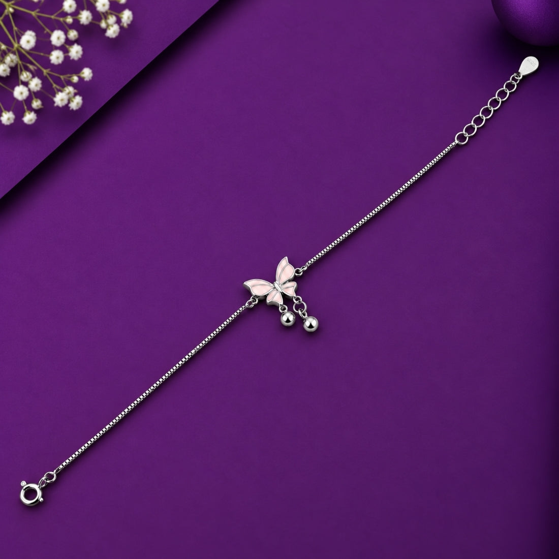 The Blossom Flutter – 925 Silver Pink Butterfly Dangle Bracelet