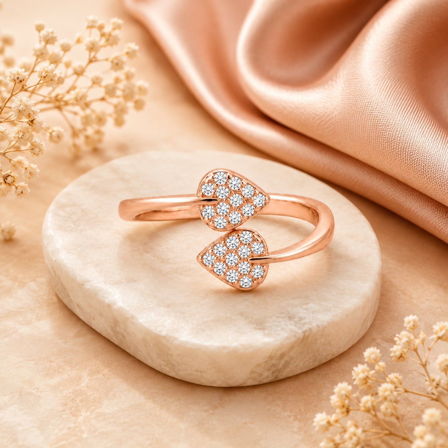 Bypass Twin Heart Pave Rose Gold Adjustable Toe Ring