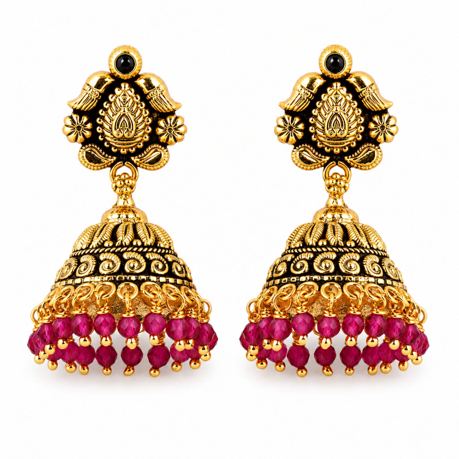 The Mayura Ruby Bunch Jhumka – 925 Sterling Silver (Antique Gold Finish)