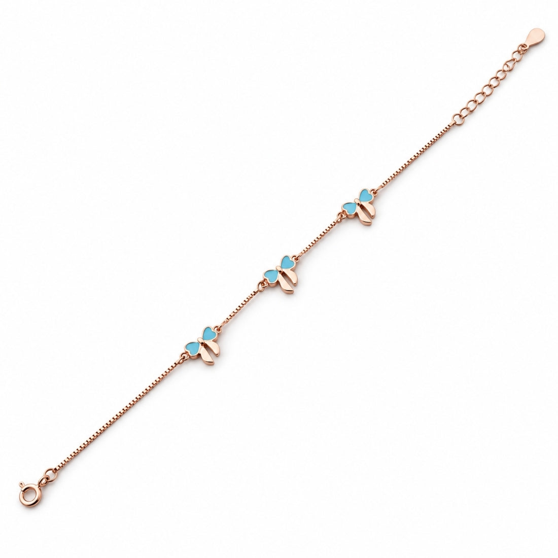 The Honeybee Trio – 925 Rose Gold Blue Bee Charm Bracelet
