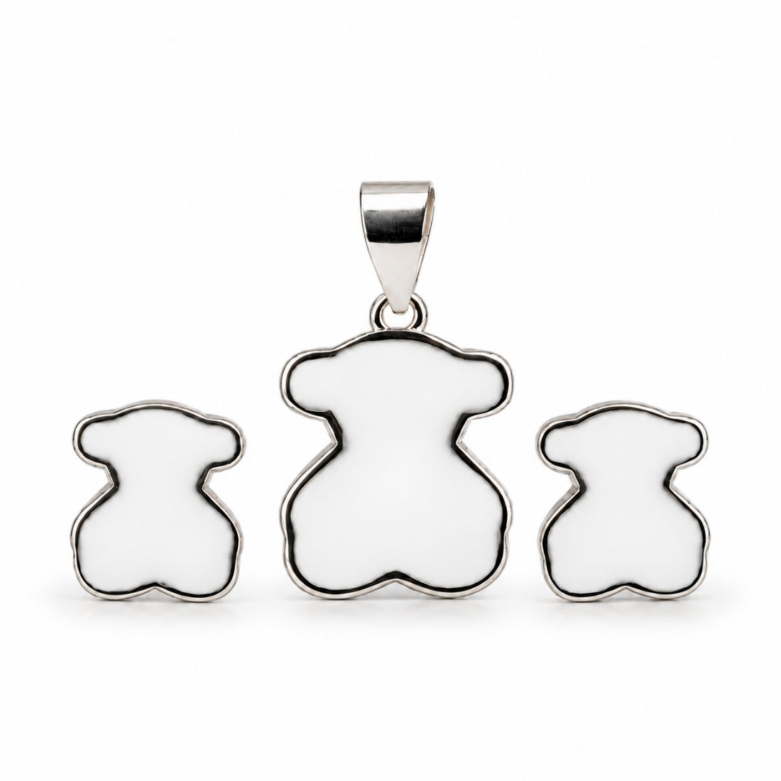Cuddly Teddy 925 Sterling Silver White Enamel Pendant & Stud Earring Set for Kids