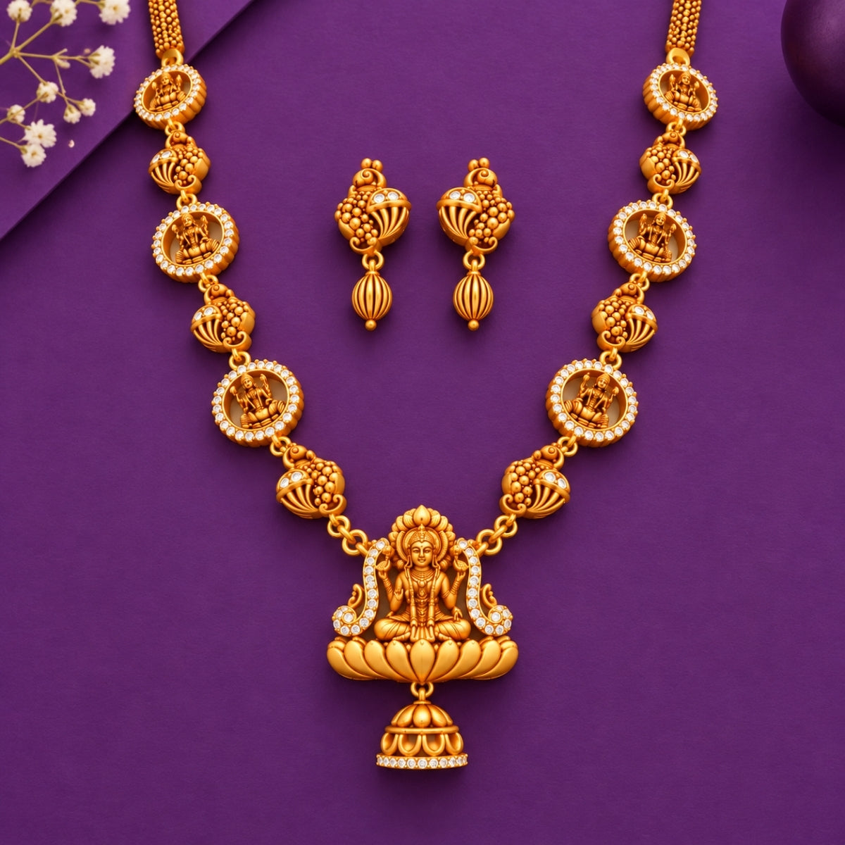 Divine Lakshmi Temple Heritage 925 Silver Necklace Set