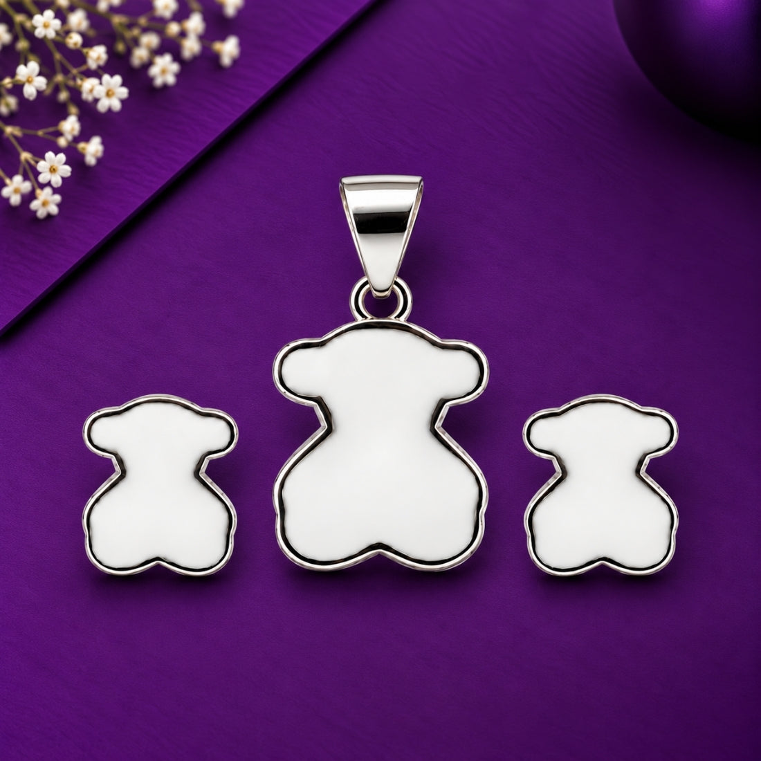 Cuddly Teddy 925 Sterling Silver White Enamel Pendant & Stud Earring Set for Kids