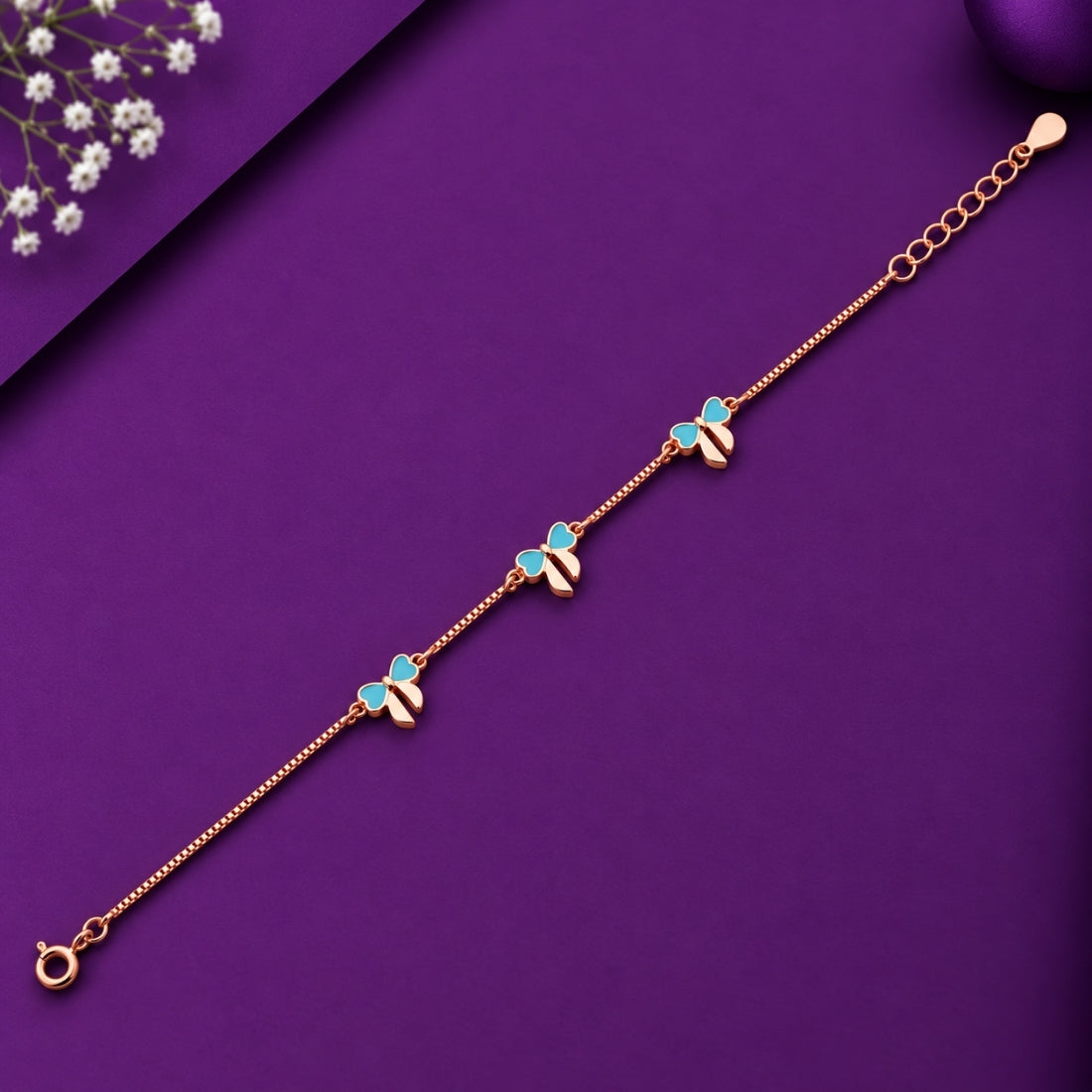 The Honeybee Trio – 925 Rose Gold Blue Bee Charm Bracelet