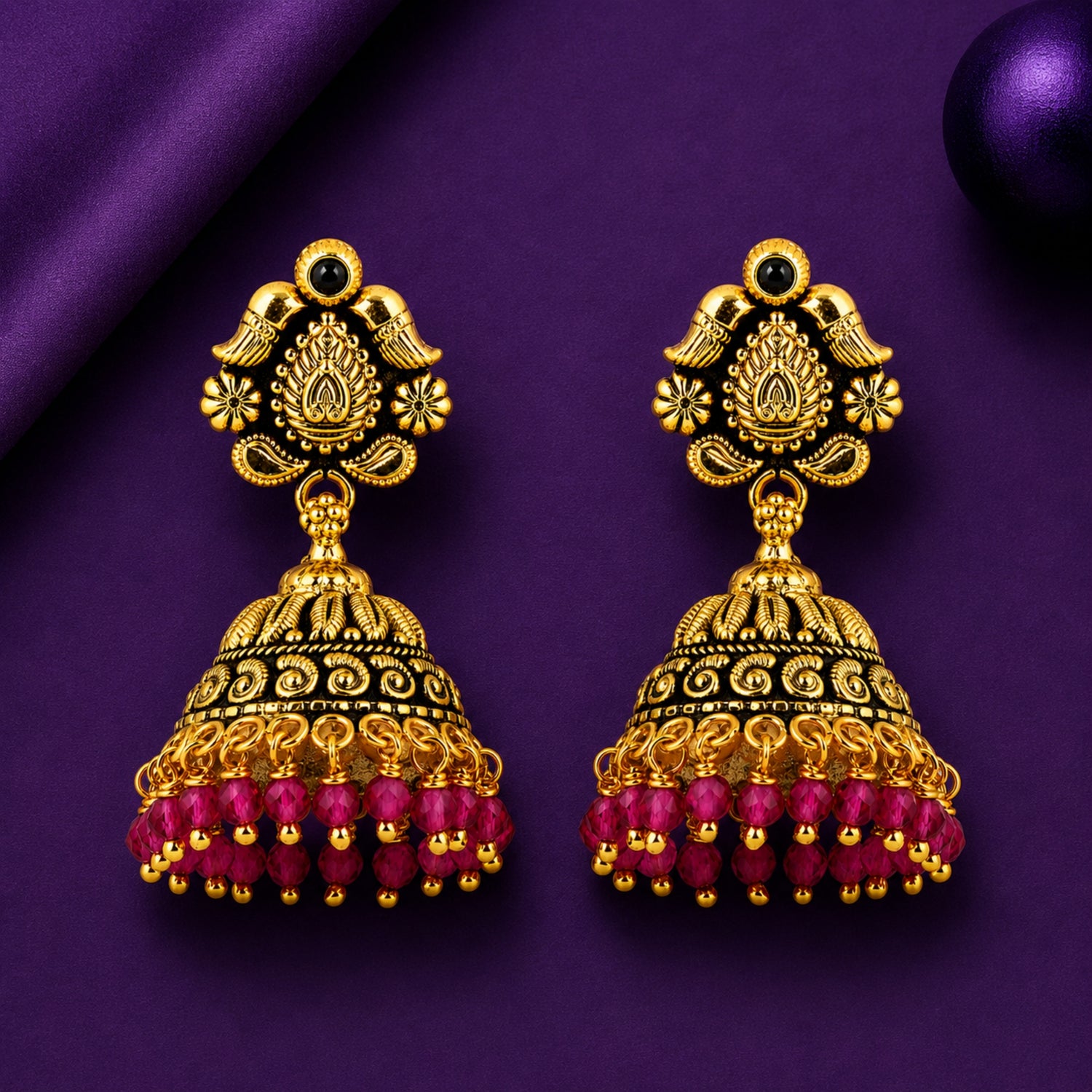 The Mayura Ruby Bunch Jhumka – 925 Sterling Silver (Antique Gold Finish)