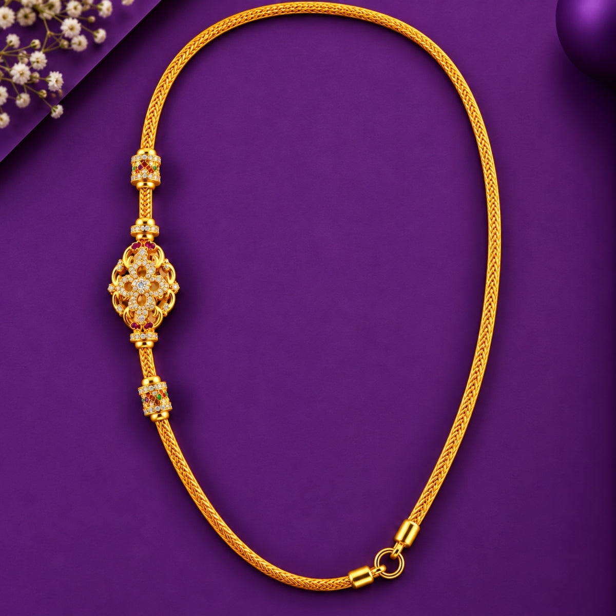 Geometric Floral Filigree 925 Sterling Silver Gold Plated Thali Chain