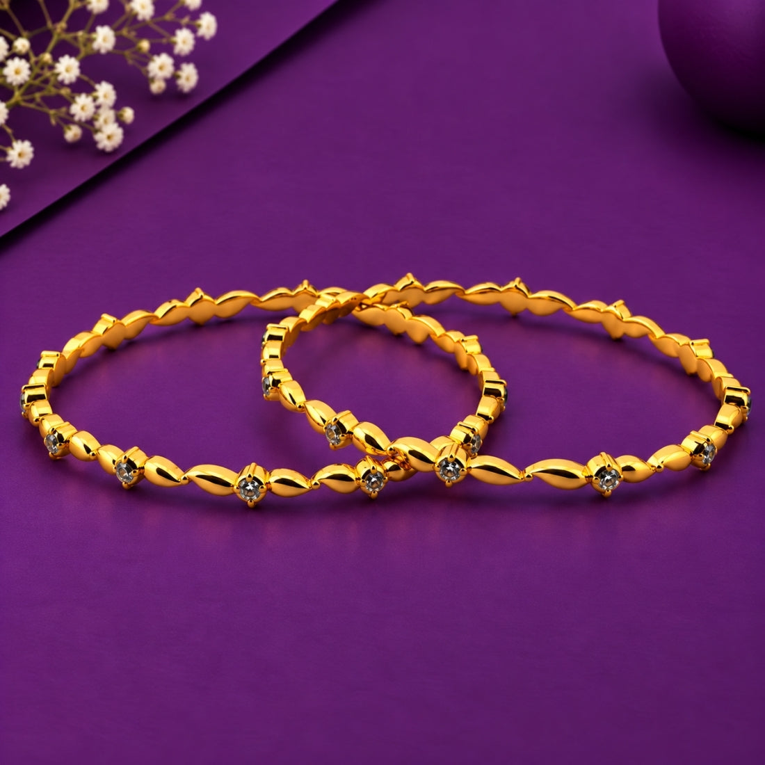 The Regal Marquise Link Solitaire Bangles (Set of 2 in 925 Sterling Silver with Premium 24K Gold Polish)