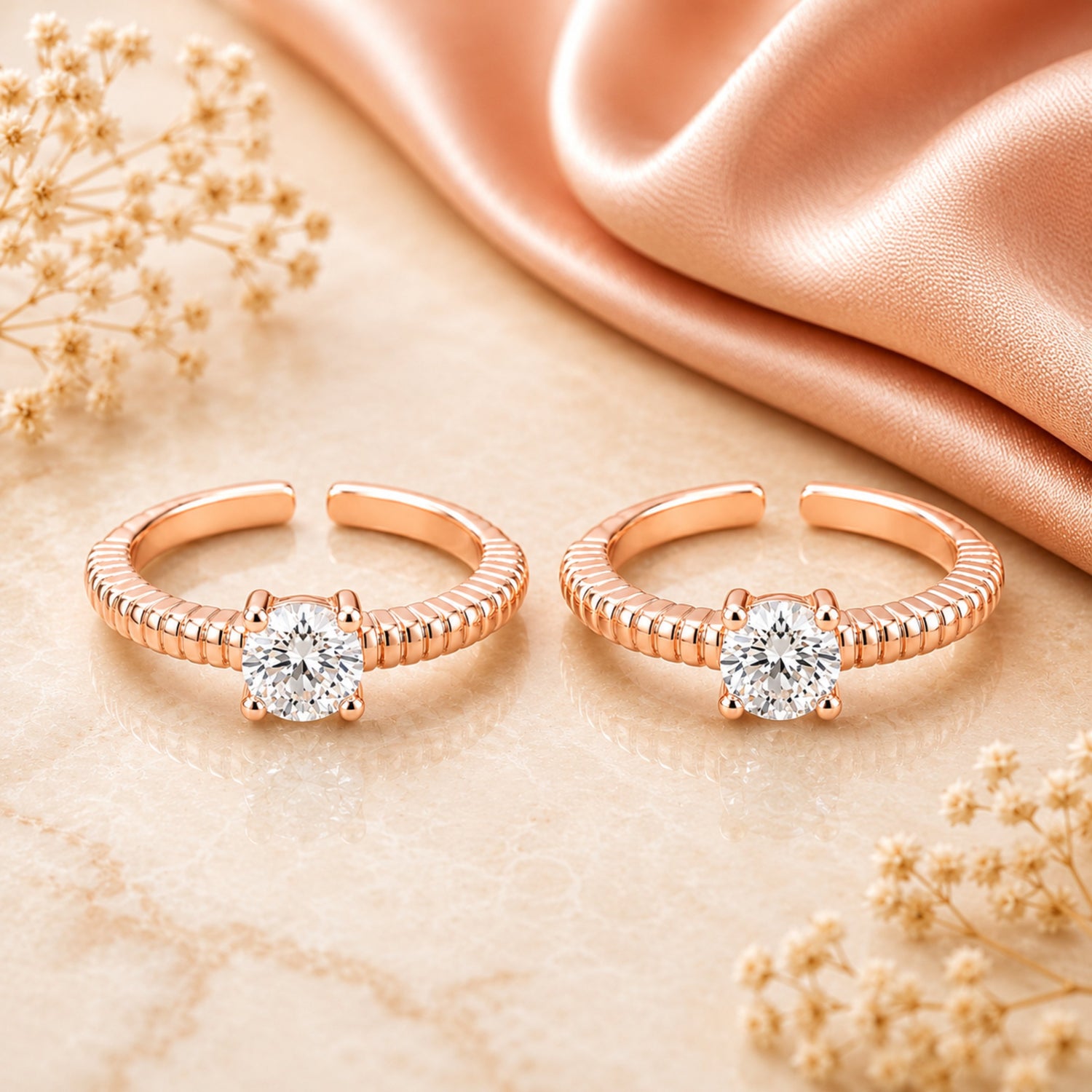 Solitaire Radiance Grooved Rose Gold Adjustable Toe Rings